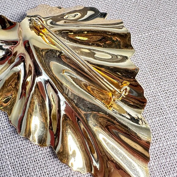 Oversized Vintage 80s Gold Tone Leaf Brooch Pin Statement Unisex Jewelry Retro - Picture 7 of 7